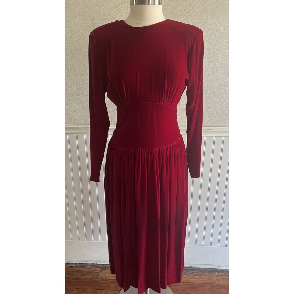 Claiborne Vtg Fit & Flare Velvet Dress 30s Inspired Silk Blend Cranberry Red 6